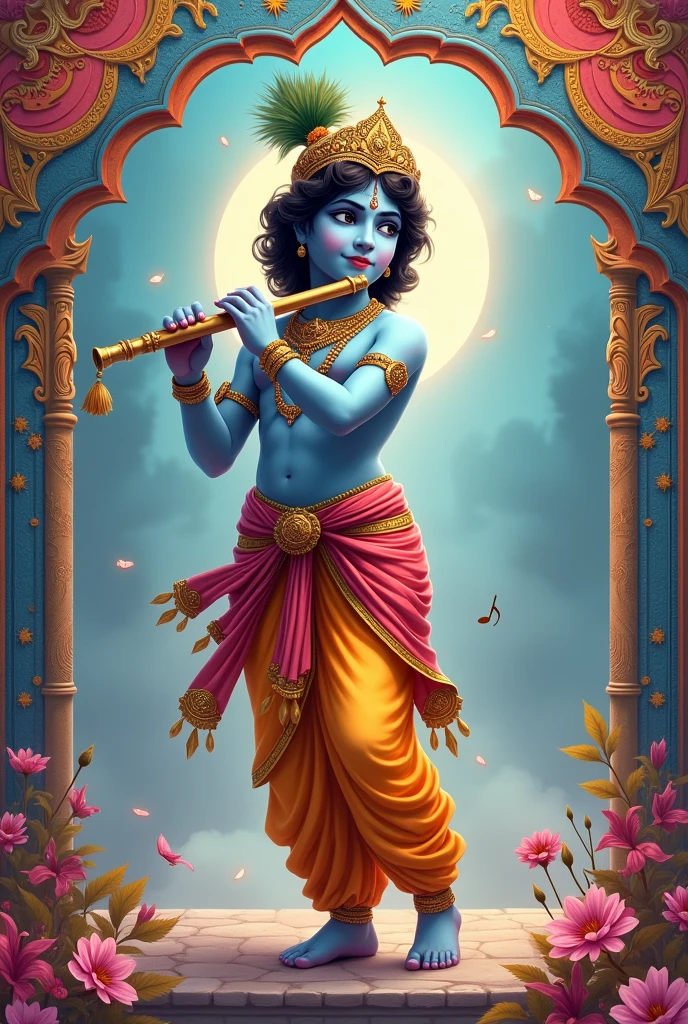 Lord krishna with flute ,image border made of different colours