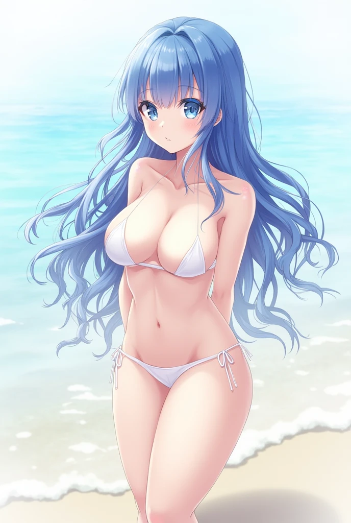 detailed eyes, (ultra sad), 1girl, blue hair, long hair, ahoge, (white bikinis), blue eyes, thin breasts, simple background, best quality, ultra-detailed, ,light_novel