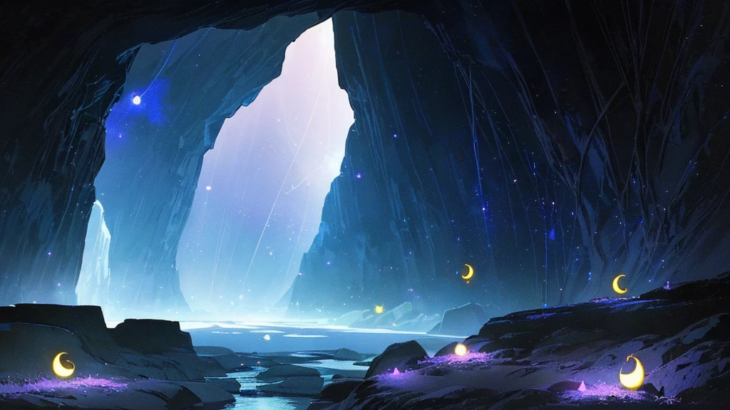The crescent moon shines in the dark night sky, visible from inside the beautiful cave in which a beautiful stones and diamonds shines with blue and pink and yellow With the gentle light of fireflies. The scenes are depicted in a soft manner., Create a calm and dreamy atmosphere with pastel colors.. The silhouette of the cave entrance frames the landscape.. Enhance the depth and mysterious atmosphere of the moment. This image conveys a delicate balance of light and darkness.A combination of the natural beauty of the moon and fireflies and the tranquility of the cave.."