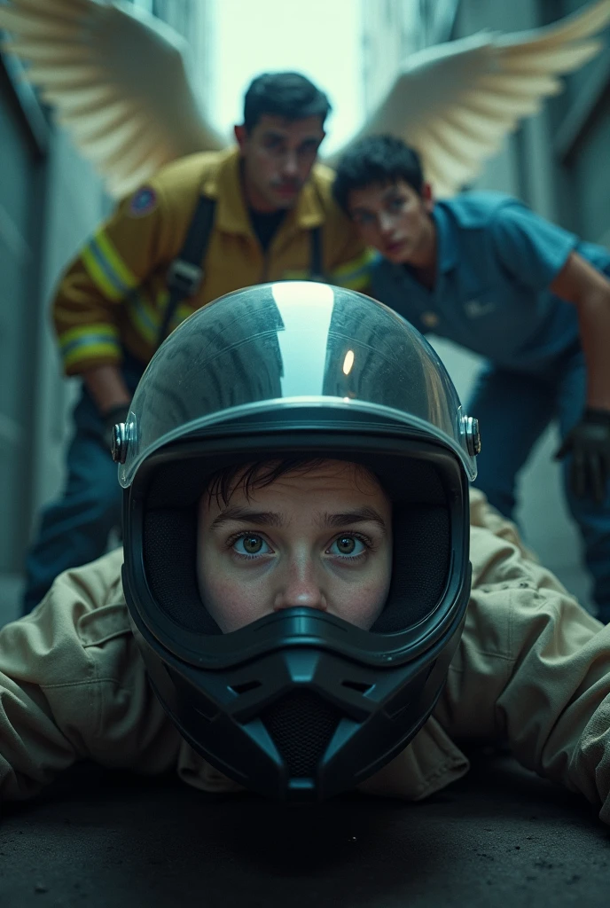 Réaliste vue à la première personne je suis allongé sur le dos avec mon casque de moto et je vois à travers la visiere de mon casque, un pompiers, un médecin et un ange penché au-dessus de moi et ils me regardent