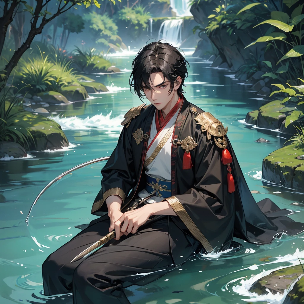 A Handsome black-hair male holding a large sword in an ancient chinese costume, close up.

Sitting fishing next to a green stream, a blue river full of fish. flowing slowly