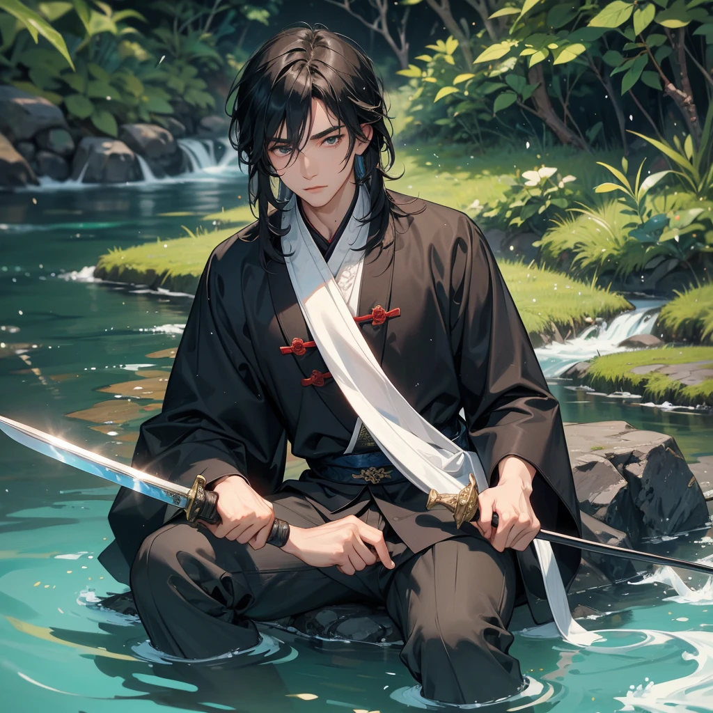A Handsome black-hair male holding a large sword in an ancient chinese costume, close up.
Sitting fishing next to a green stream, a blue river full of fish. flowing slowly