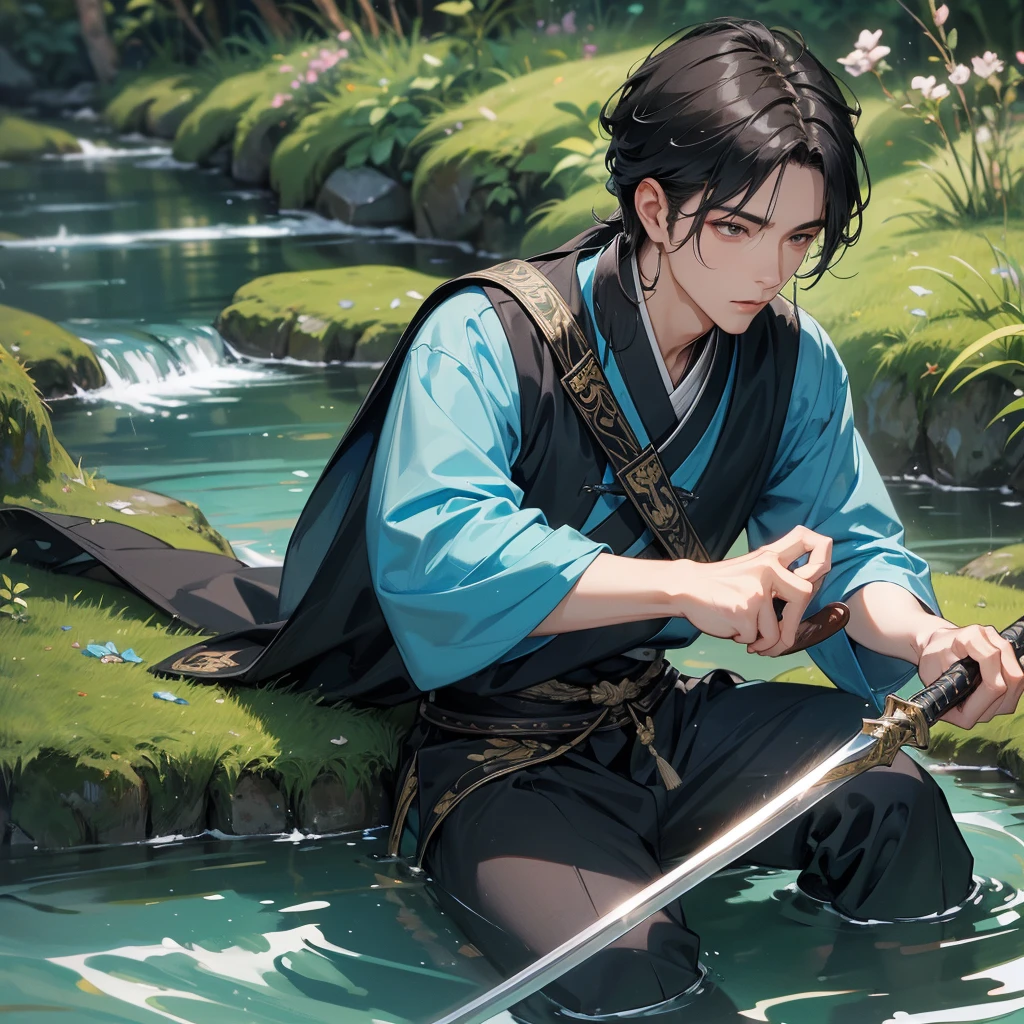 A Handsome black-hair male holding a large sword in an ancient chinese costume, close up.

Sitting fishing next to a green stream, a blue river full of fish. flowing slowly