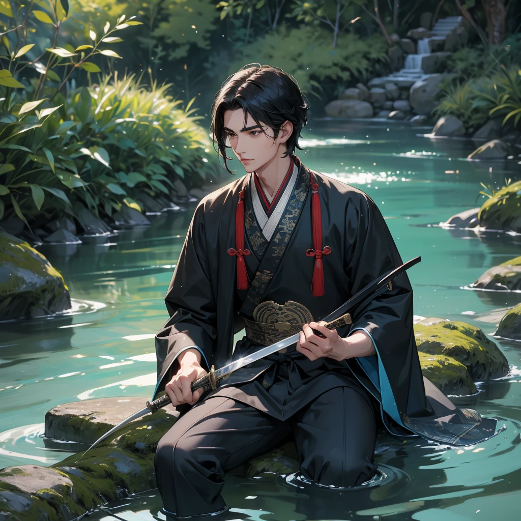 A Handsome black-hair male holding a large sword in an ancient chinese costume, close up.

Sitting fishing next to a green stream, a blue river full of fish. flowing slowly