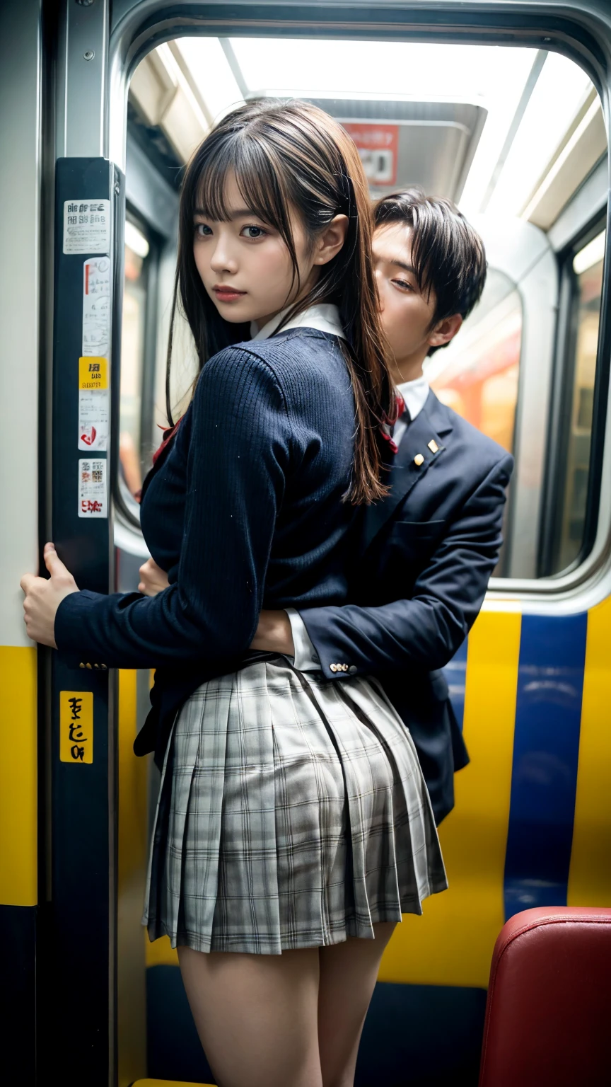 NSFW, crowded train, Japan , Handsome man hugging her from behind, Talking in her ear, lift her up, miniskirt twisted upwards, 40k, photograph, masterpiece, highest quality, dark gray background, ((Japan girls' high school uniform)), A man leans on her from behind、I held you up, Mr.々Hit the pose., large breasts