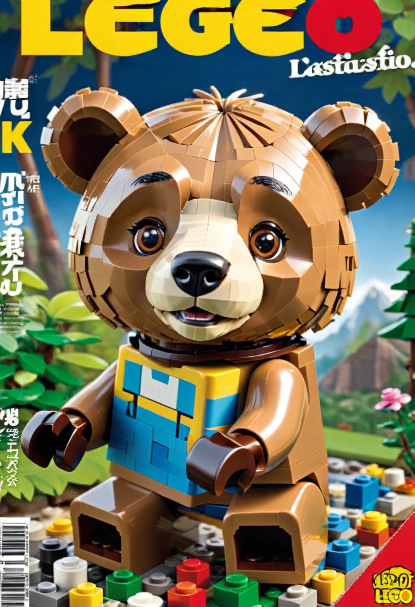 Magazine cover,best quality, very good, 16K, ridiculous, Very detailed, ((Brown Bear)),Made of Lego,