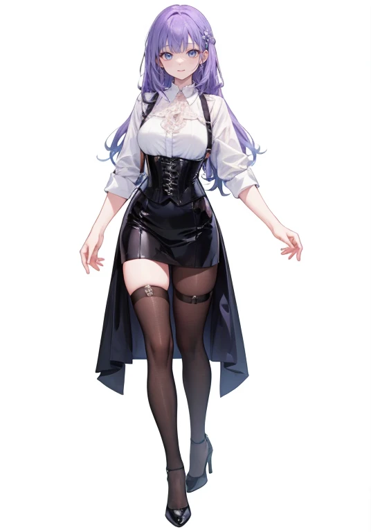 Purple Hair,Long Hair,Adult female,bartender,(((Body Harness))),((Roll up your shirt sleeves)),(corset),High heels,((Simple white background)),smile,((whole body)),((whole body)),Character Sheet,