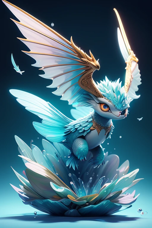 Create a monster image, a child of an aquatic animal mixed with a winged animal. The body is transparent and can be seen through. The image is sharp and detailed., with beautiful colors.. With arms, leg, eyes, mouth, พื้นหลังสีlegว
