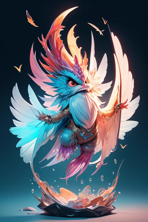 Create a monster image, a child of an aquatic animal mixed with a winged animal. The body is transparent and can be seen through. The image is sharp and detailed., with beautiful colors.. With arms, leg, eyes, mouth, พื้นหลังสีlegว