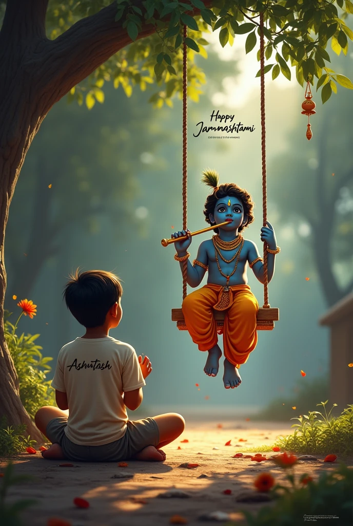 cinematic film create a 2D realistic picture "A boy is worshiping Shree Krishna and Shree krishna is sitting on a swing and playing flute and "Ramanand" is written on the bank ground tcinematic%20film%20create%20a%203D%20realistic%20picture%20%22A%20boy%20is%20worshiping%20Shree%20Krishna%20and%20Shree%20krishna%20is%20sitting%20on%20a%20swing%20and%20playing%20flute%20and%20%22Ashutosh%22%20is%20written%20on%20the%20boy%27s%20t-shirts%20and%20the%20boy%20is%20worshiping%20and%20in%20the%20background%20%22Happy%20Janmashtami%22%20is%20written%20in%20bold%20font%20clearly,%20make%20sure%20everything%20should%20be%20correct. 200%real image and the boy is sitting in his right side on the sewing