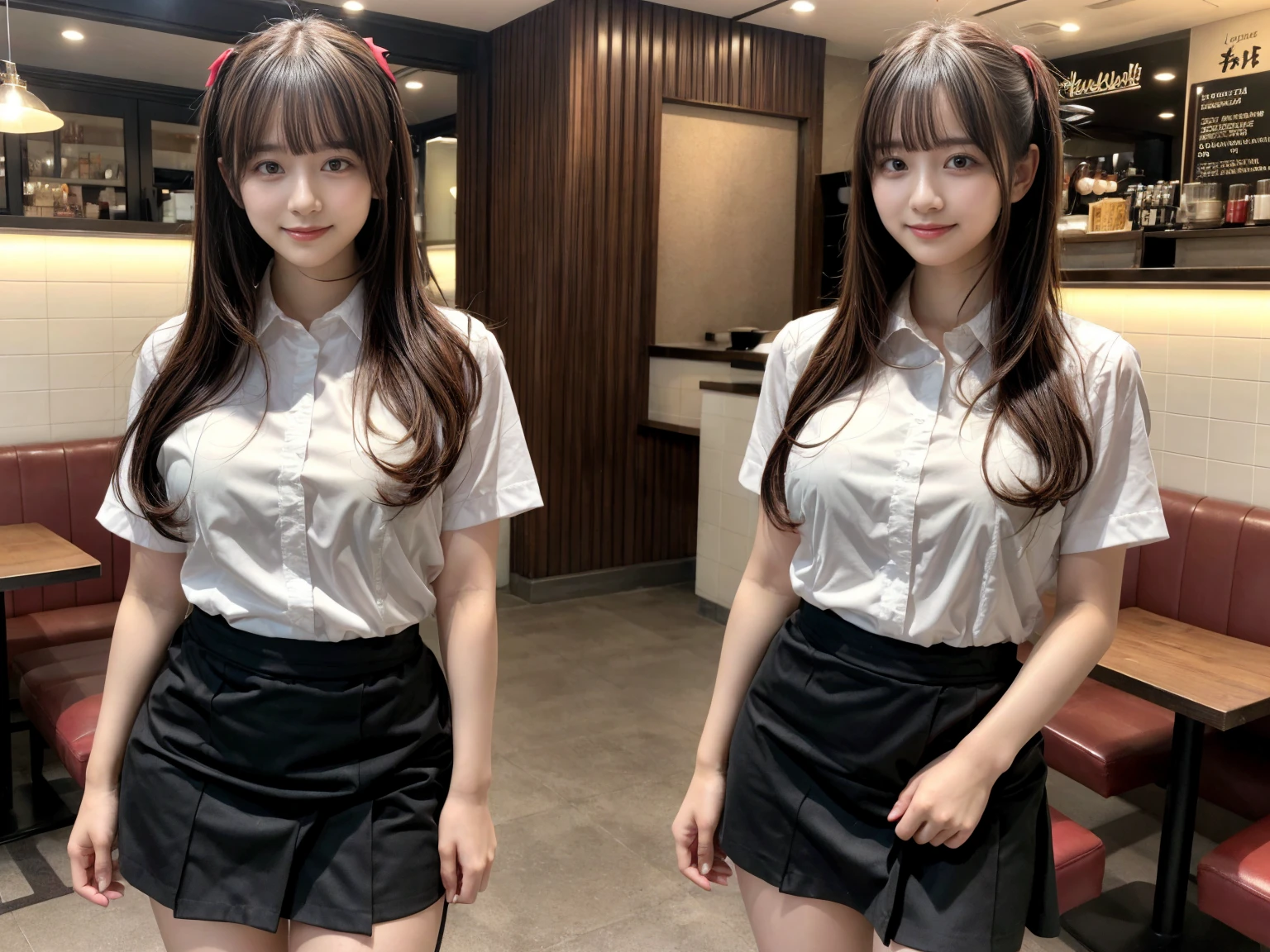 masterpiece, best quality, illustration, Super detailed, fine details, High resolution, 8K,wall paper, perfect dynamic composition,(Details High quality, realistic depiction of eyes:1.3), (2 girls), standing,waitress uniform, restaurant, huge breasts, short bob hair、black hair color, Big Natural Color Lip, (perfect body shape), crying a little、little smile, Harajuku style、20 year old girl、cute type、lolita、beautiful legs, focus on crotch, full body photo, gravure idol