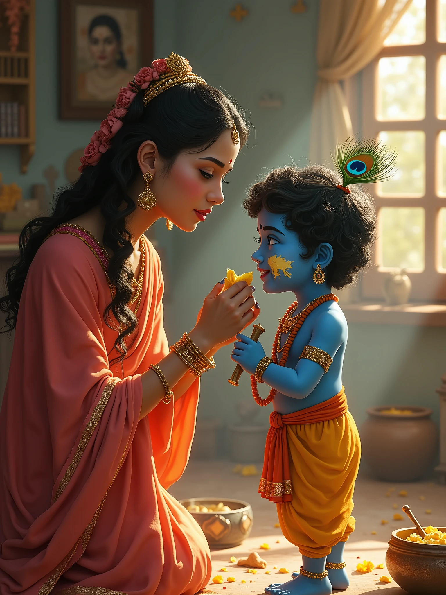 Depict a beautiful moment of Mother Yashoda scolding her son Little Krishna playfully as he stands with a broken pot of butter, his face smeared with it. Despite her scolding, her eyes are filled with love. Krishna, with his blue skin, mischievous grin, peacock feather, and flute in hand, looks back at her with a playful expression.