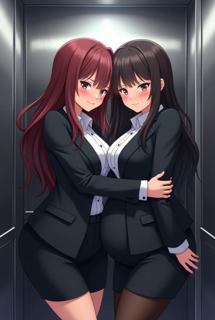 two cute big belly Anime girls in business suits stuck in tight elevator, tight squeeze