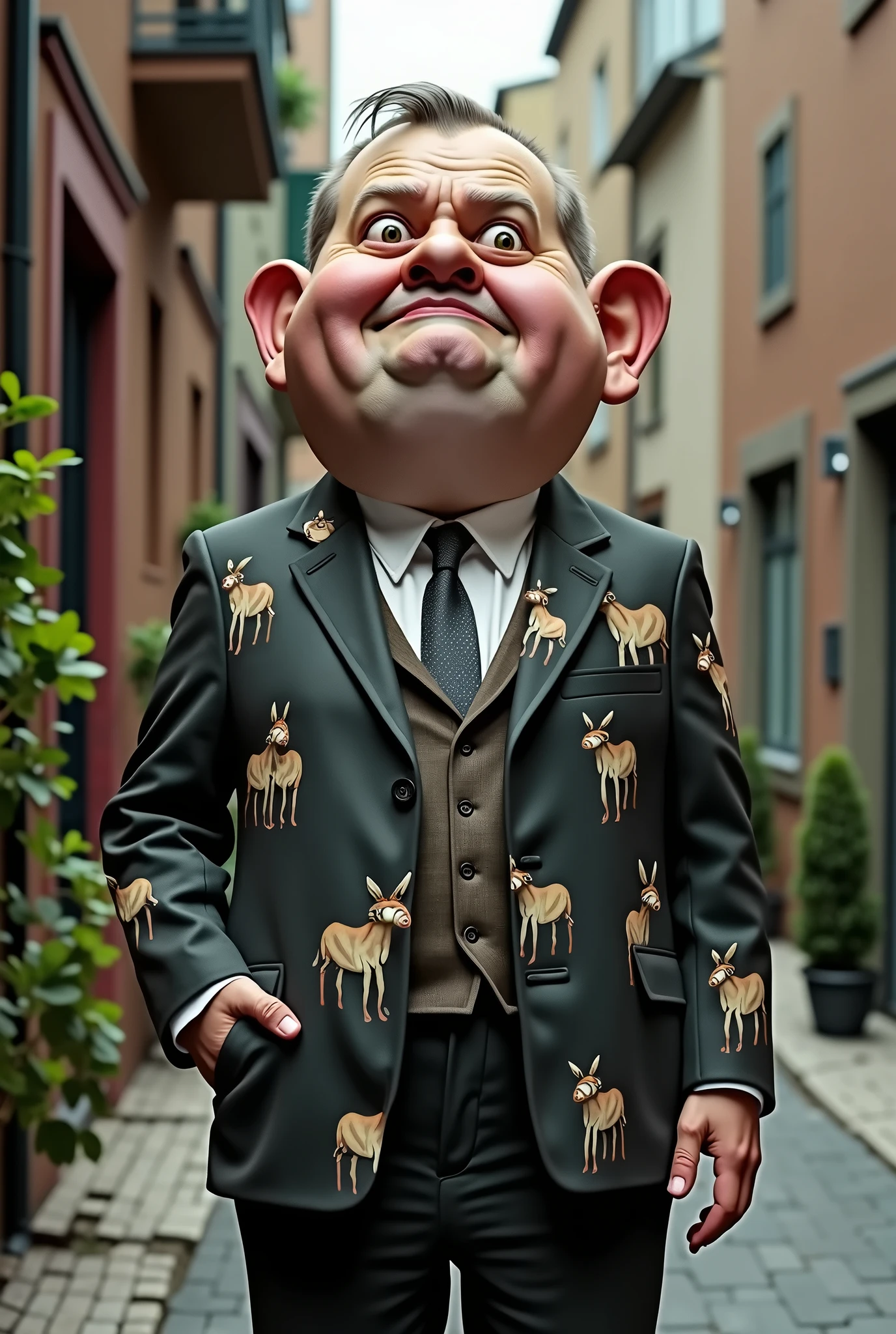  Funny man with big head looking forward full body wearing a suit with donkeys in it realistic, real, high resolution detail, full photo like real 