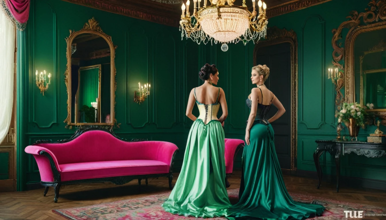 (best quality,4k,8k,highres,masterpiece), ultra-detailed,(realistic, photorealistic, photo-realistic:), A photorealistic rendering of two beautiful women standing side by side in a luxurious Victorian cream and green-themed room. They wear intricately designed corsets and lingerie, one in pink and teal and the other in red and black. The room features ornate furniture, a grand chandelier, and lush drapery. Rendered in Unreal Engine 5 with bold colors and finely detailed textures