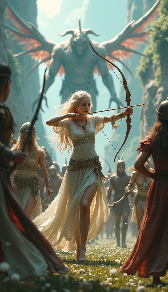a fair-skinned fairy woman and her army are fighting in a magical land full of monsters using bows. Without wings. professional. 3D. ,ultra realistic, Very detailed, digital art. Game art