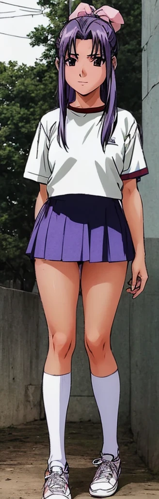 Momoko Koigakubo, a tall girl with beautiful legs, stands in a white gym uniform and light navy blue bloomers that look like panties.。