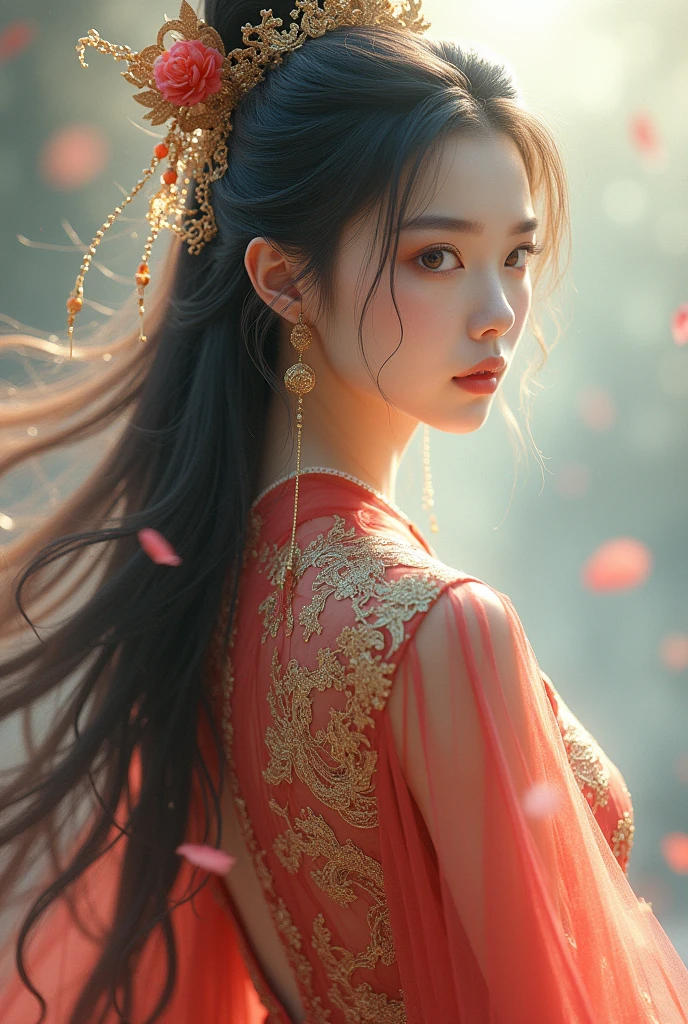 Young man, solo, (((gold and red pink))), flowers, jewelry, long sleeves, wide sleeves, chinese clothes, hanfu, embroidery, long skirt, long flowing hair, detailed face, detailed beautiful eyes, (intricate:1.3), (arcane aura:1.2), (dreamlike:1.3), (subtle mist:1.1),(vibrant colors:1.2), (detailed hair:1.3), (ultra realistic details:1.5), female looking 