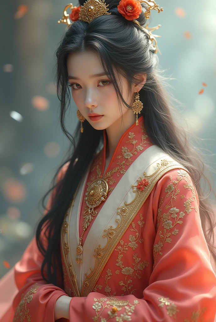 Young man, solo, (((gold and red pink))), flowers, jewelry, long sleeves, wide sleeves, chinese clothes, hanfu, embroidery, long skirt, long flowing hair, detailed face, detailed beautiful eyes, (intricate:1.3), (arcane aura:1.2), (dreamlike:1.3), (subtle mist:1.1),(vibrant colors:1.2), (detailed hair:1.3), (ultra realistic details:1.5), female looking 