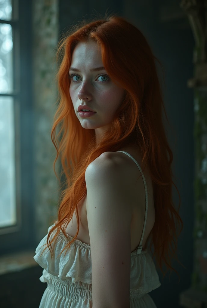 (Mackenzie Foy ginger hair teen girl,1 with, hand, fingers in vagina:1.3), (long, messy hair:1.3), blue eyes, detailed eyes, detailed lips, (lies nude, sensual, full body:1.5), (photo from many different angles:1.5), (creepy and scary interior of a Gothic castle, abandoned with fog and fog, snow, green moss: 1.3), low neck, ray tracing, (best quality, 4k, 8k, high resolution, masterpiece:1.2), very detailed, (realistic , photorealistic, photorealistic :1.37), HDR, UHD, masterpiece, professional, vivid colors, bokeh, studio lighting