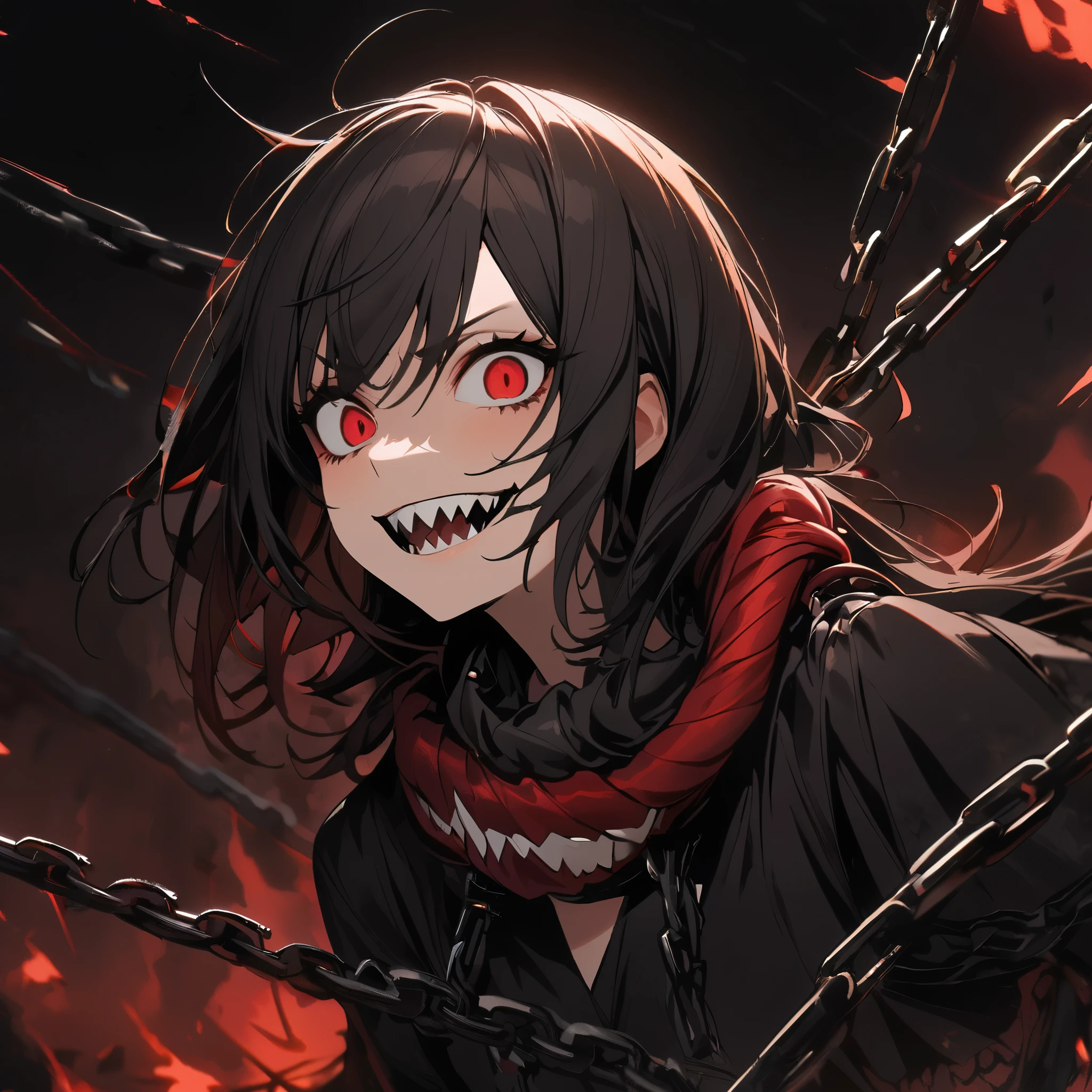 1 girl, chains, wrapped around my neck and wrists, from, enough, sawed teeth, sharp teeth, dark red black hair, smiling, black dress, evil, a high resolution, Ultra detailed, 8 K