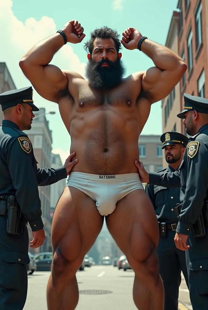 A big huge hairy bearded Puerto Rican man, standing, in white underwear, with legs apart from each other, with hands raised above the head, being searched by two police officers.