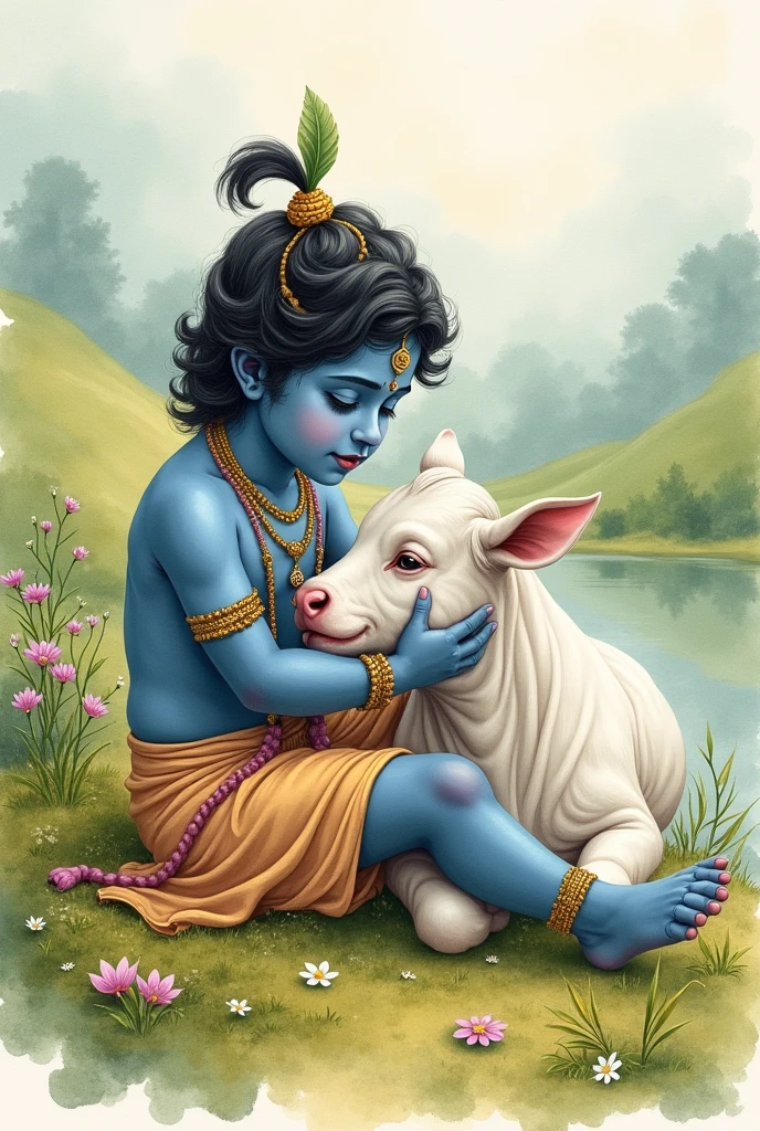 Water colour painting of cute krishna and cow