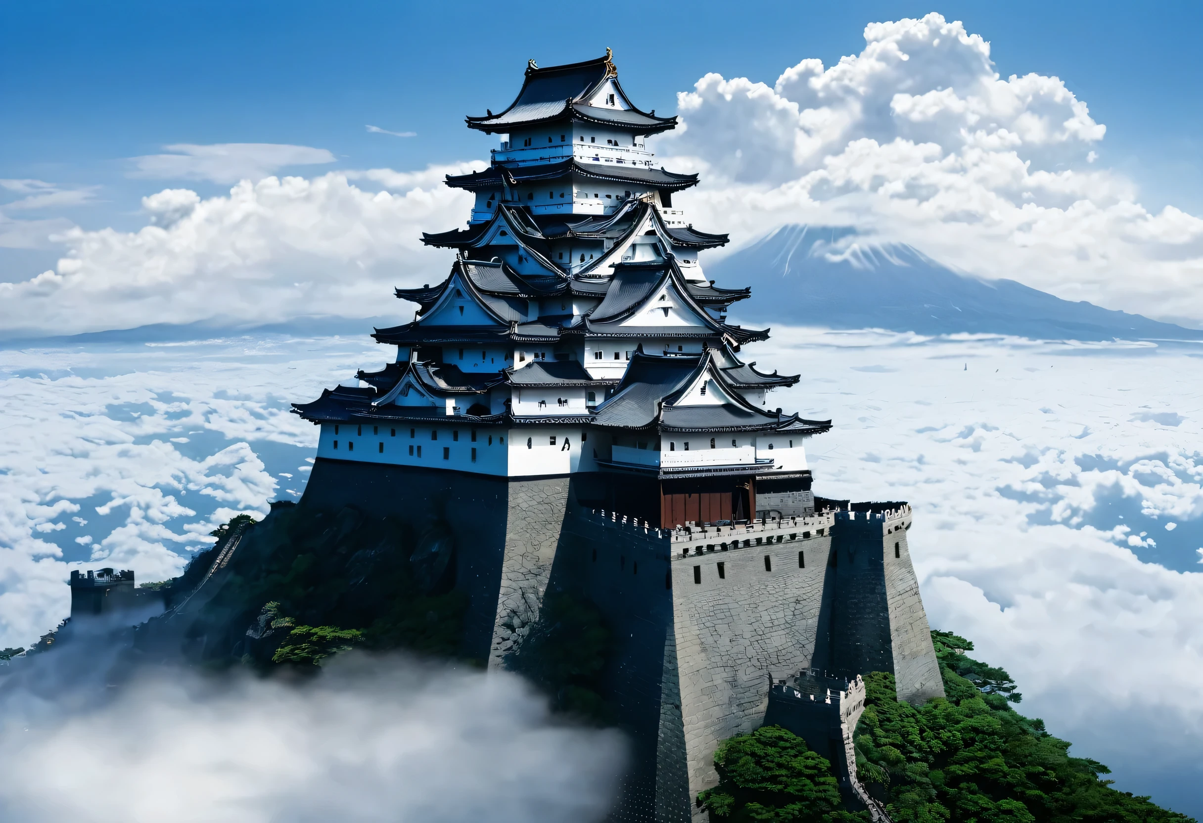 In the midst of the fierce battles of the Sengoku era, a divine castle stands tall. Within its walls resides a dragon, an ancient guardian of the fortress. The dragon’s roar echoes across the battlefield, asserting the castle's dominance and commanding the fear and respect of the warlords. Enveloped in a sea of clouds, this castle blends natural beauty with mysticism, leaving a lasting impression on all who witness its grandeur.