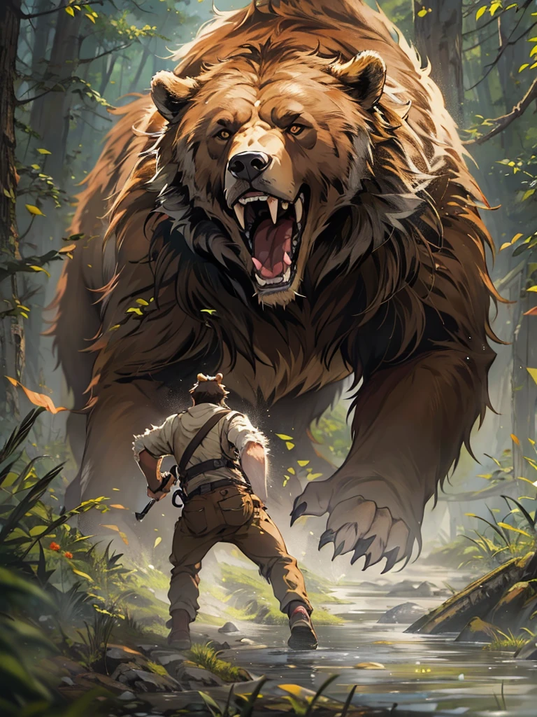 High resolution, masterpiece, Anatomically correct, A huge brown bear that attacks Hunter、roar、Feelings of despair、Fleeing Hunter, Dutch Angle