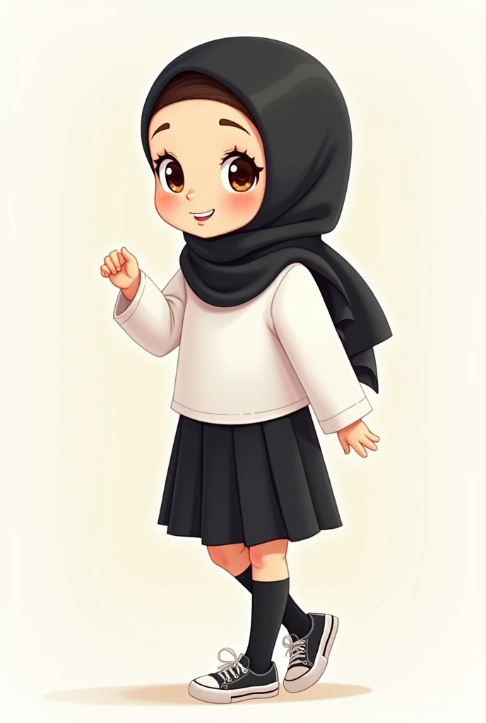 Cartoon with text: 
Cute  cartoon girl, with black hijab on, wearing school uniform, white shirt, black skirt, black socks, sneakers 