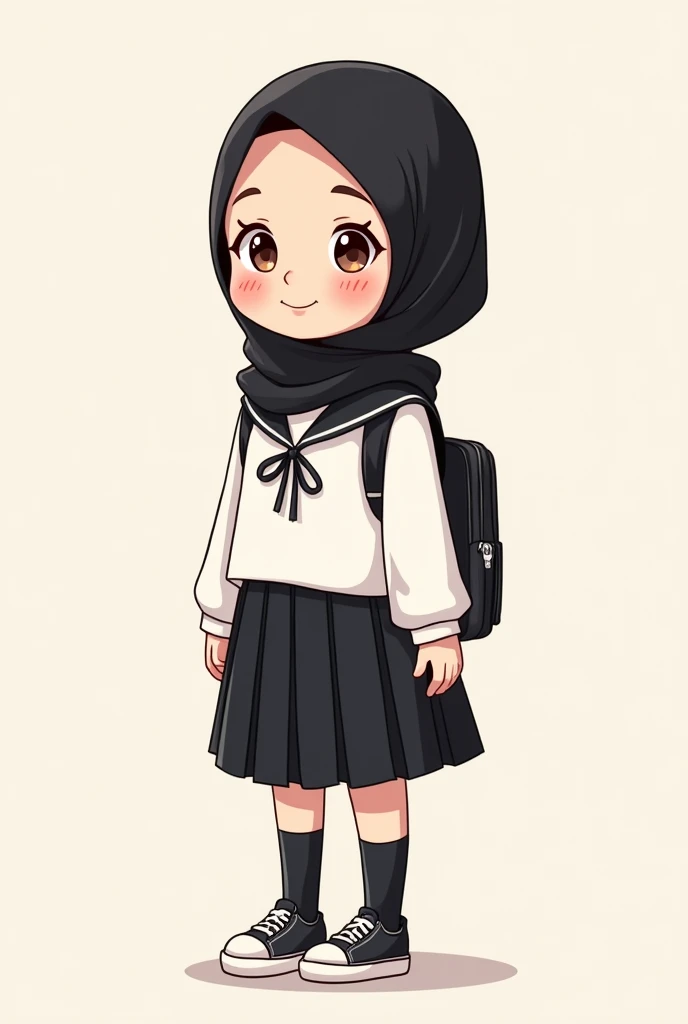 Cartoon with text: 
Cute little cartoon girl, with black hijab on, wearing school uniform, white shirt, black skirt, black socks, sneakers 