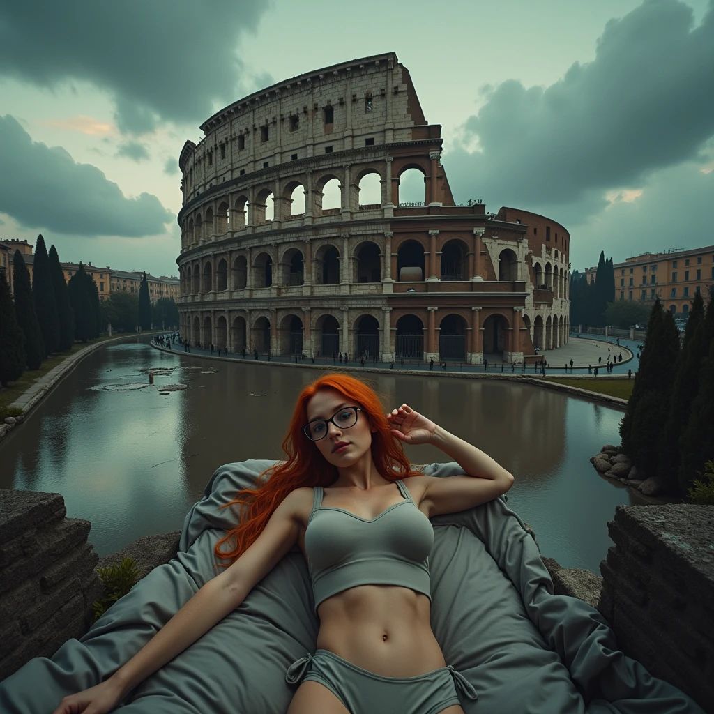 A photorealistic aerial view captures the Colosseum in Rome, dramatically altered by a thick layer of gray sludge. From above, the ancient amphitheater appears nearly unrecognizable, with its iconic stone structure partially obscured by the viscous mass that has overtaken its interior.
A red-haired female influencer with green eyes, an innocent look and full lips. freckles on her cheeks. medium breasts. A mole on the right breast. rounded buttocks. wears glasses. Sexy. attractive. Full body wide shot from head to toe. in 8k. very detailed, Athlete shape, Waiting to make love to you, soft lighting, interior bedroom, lying on bed, hair spread behind her, looking at you, hourglass figure, pale skin, Pretty woman, Beautiful woman, Realistic , golden hour, Sexy, seductive, seductive, young woman, lingerie, green lingerie, playful laughter, anticipating penetration, a slight moan, both hands in her hair,
The slime appears to be oozing from every crevice and entrance, flowing out and creating a slick, reflective surface on the ground around the base of the Colosseum. This gooey overflow extends outward from the monument, spreading across the surrounding area and pooling in the nearby streets.
The sky above is dark and overcast, with heavy clouds that cast a cold, shadowy light over the scene. The usual vibrant atmosphere of Rome is replaced by an eerie, unsettling silence, adding to the surreal and apocalyptic feeling of the image. The overall tone is one of profound disruption, as the majestic Colosseum is enveloped by the relentless, encroaching gray sludge, transforming an iconic historical landmark into a scene of environmental catastrophe.