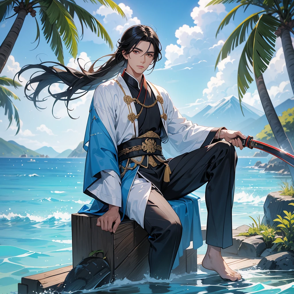 A Handsome black-hair male holding a large sword in an ancient chinese costume, close up.
Sitting fishing By the blue sea Under the coconut tree Behind there are mountains, with low, lazily floating clouds.
