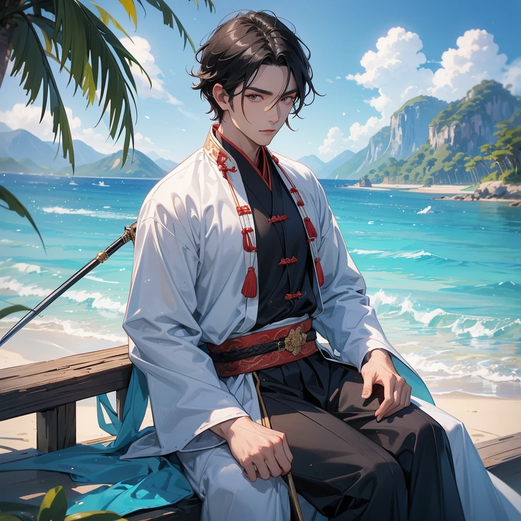 A Handsome black-hair male holding a large sword in an ancient chinese costume, close up.
Sitting fishing By the blue sea Under the coconut tree Behind there are mountains, with low, lazily floating clouds.