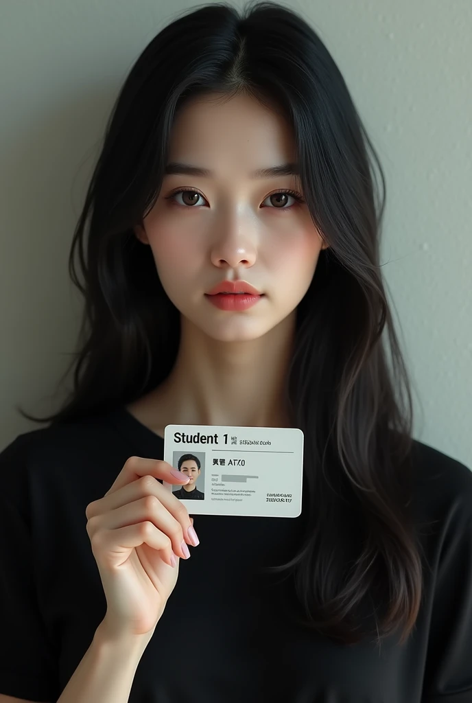 (photorealism:1.2), an 1 woman holding her student id. Wearing black shirt, neutral expression, black long hair, white skin. 