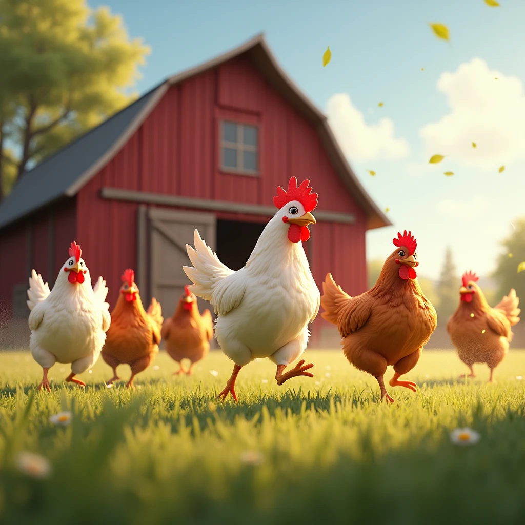 sunny day, chicken flapping their wings and chasing each other, big red barn