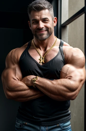 Wild muscle man, (40 year old dad:1.1), Chico 1, alone, Grey Hair (Black dress shirt), (Big shoulders), Muscle tissue, Nargon, Stubble, Short Beard, Cute eyes:1.3, ), (Detailed face:1.3), Wearing glasses, smile, Dynamic Angle, Volumetric lighting, (Highest quality, High resolution, Realistic), Cinema Lighting, masterpiece, Raw photo, Intricate details, High resolution, whole body, Tight jeans ,Cross your arms、Gold Necklace、Gold Bracelet、Huge pectoral muscles、Giant Arms、