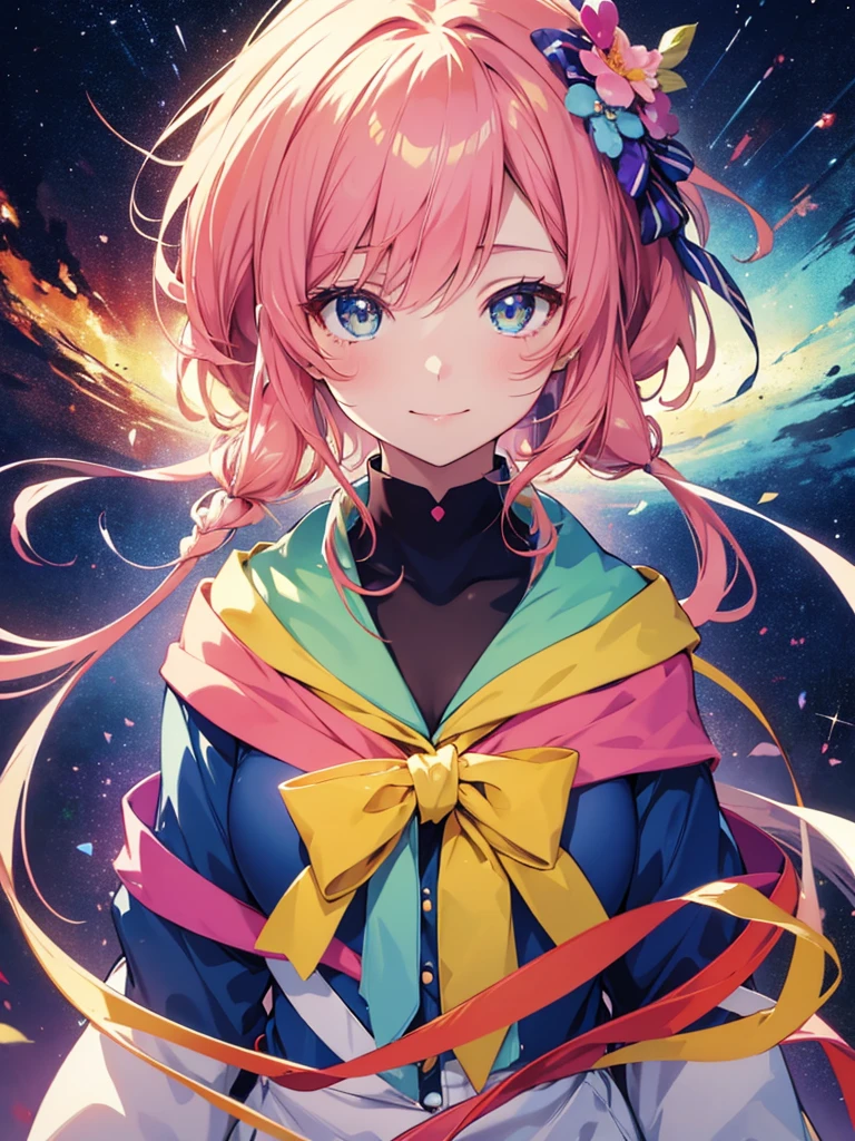 a beautiful figure of a portrait of a  anime girl with iconic colourful fashion,Wearing uniform, Sparkling eyes,Greetings to the viewers, sunny day, Gentle smile, Detailed luxury background, Depth of written boundary,正面figure, close, 32K UHD Style, Colorful arrangements, colorful brushwork, I can&#39;t believe this is so beautiful, Ferrania P30, figure,