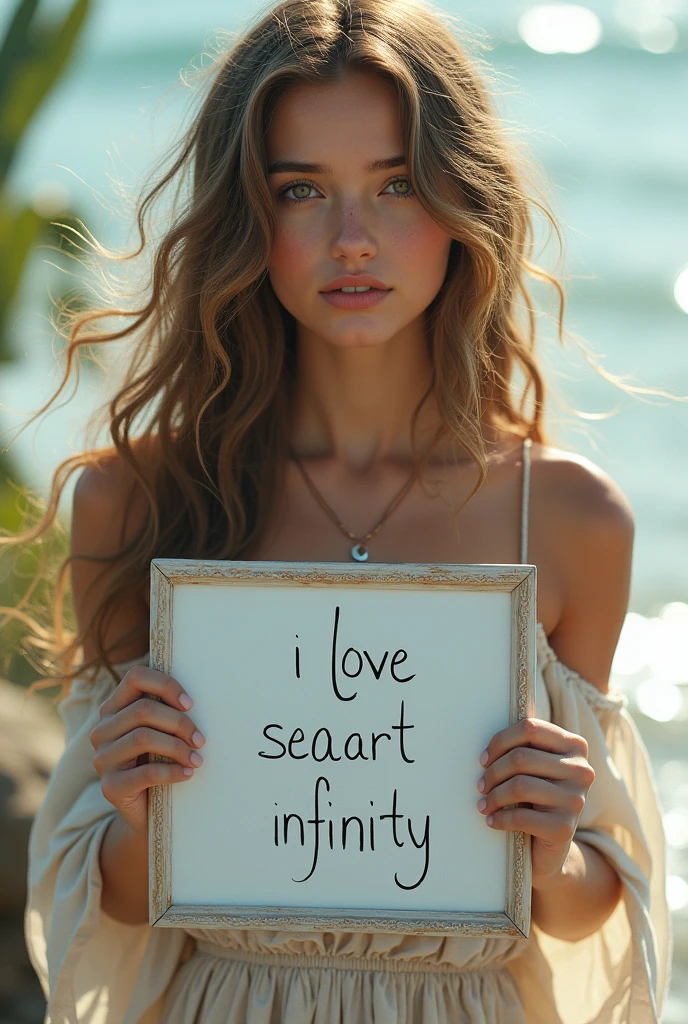 Beautiful girl with wavy long hair, bohemian dress, holding a white board with text "I Love Seaart Infinity" and showing it to the viewer