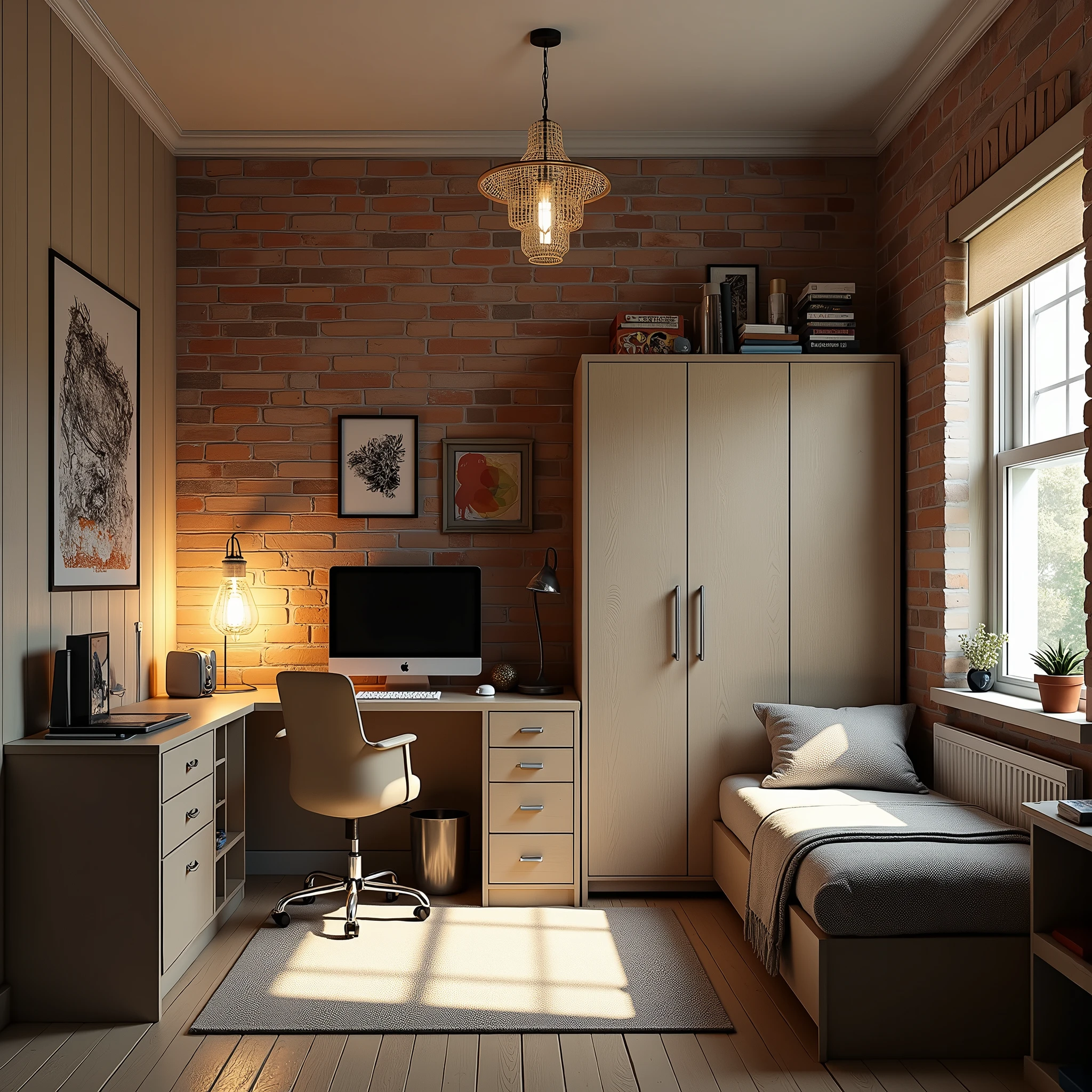 Small modern schoolboy room. Decorative wall of original 19th century brick. Decorative wall of rustic board , single bed, homework desk, two-door wardrobe, bookcase, office chair, computer, monitor, school supplies.
Style: modern, photo-realism, minimalism.
Atmosphere: cosy, warm. Lighting: light from chandelier and desk lamp,