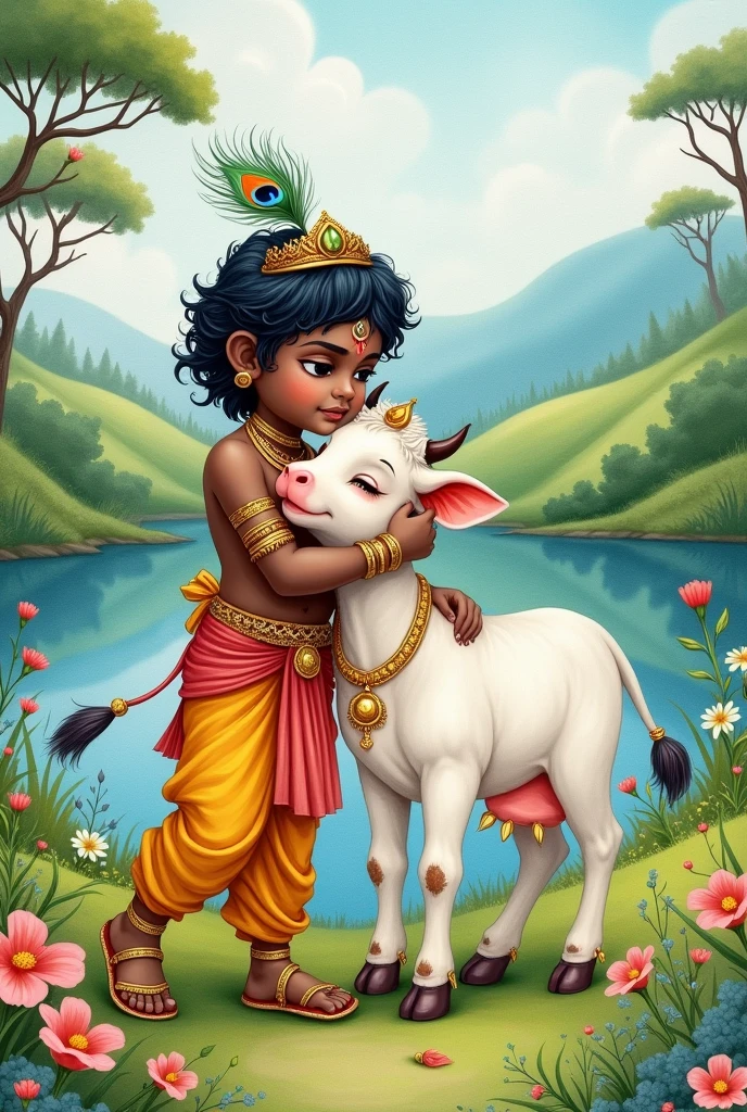 Drawing Water colour painting of cute krishna and cow