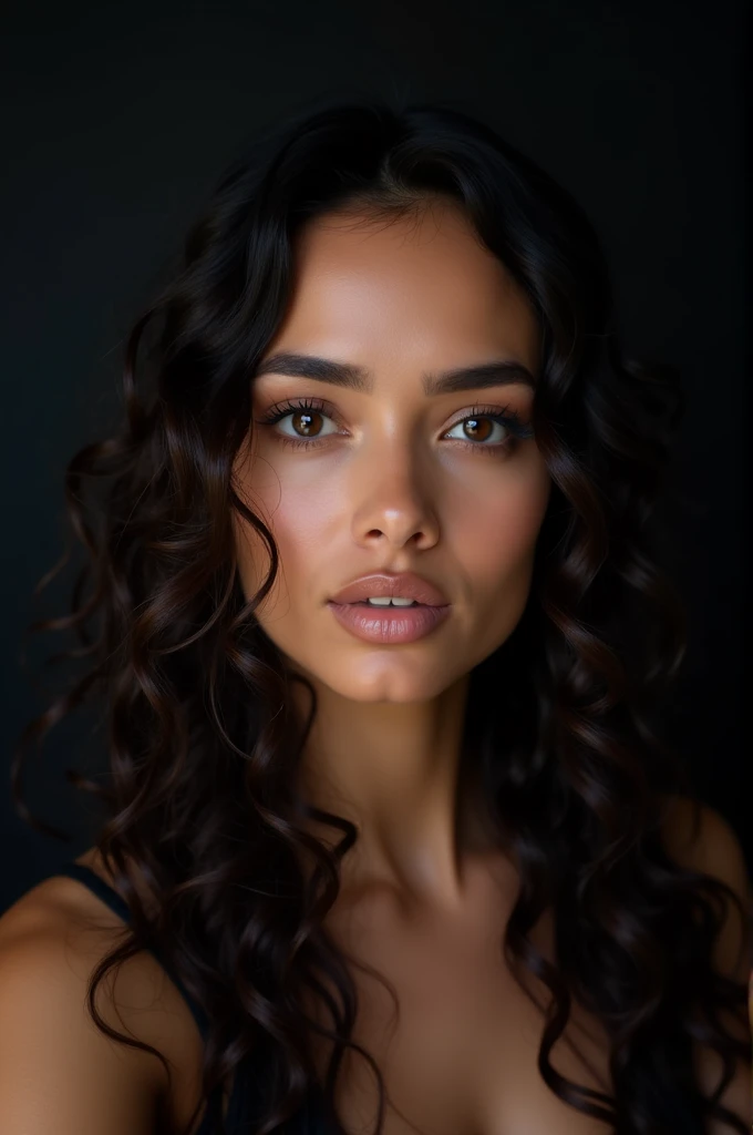 Selfie of a long curly hair filipina.35 yrs old. Fair complexion, black background and selfie ultil shoulder only