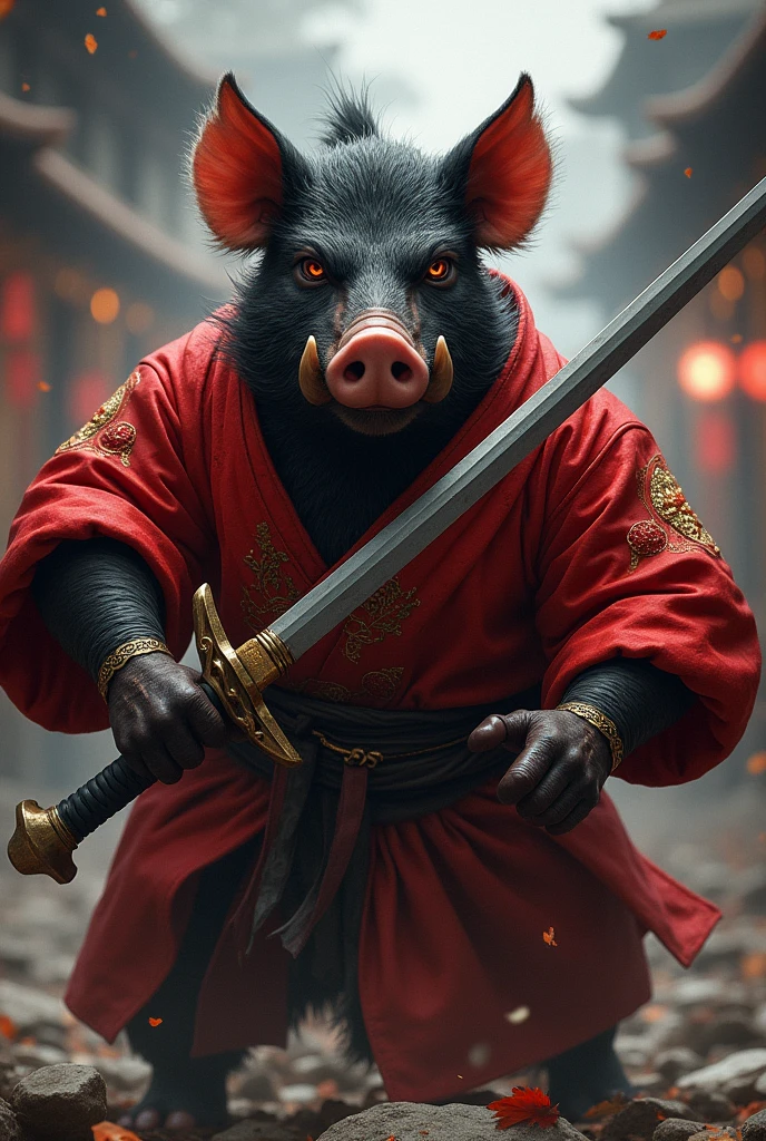 a black pig  , thug , angry, red hanfu , sword style 