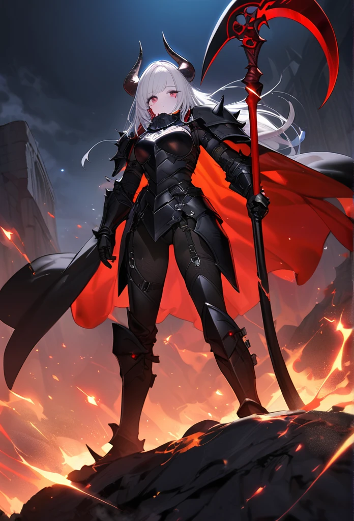(One Woman),(Best image quality, 32K, masterpiece:1.3),((Silver long hair:1.1)),(Swept-apart bangs), (Cute eyes, Dark Eyes), (Detailed eyes),(Mole under right eye), (Standard weight), (Glowing Skin:1.1),(Pale skin:1.2),(A fantastic atmosphere),(look up),Ultra-high resolution, Textured skin, Sparkle Effect, whole body,Do not show bare skin,

dark Knight,Black plate armor with large spikes on the shoulders,Black Skeleton Helmet,There are two black horns,Black tattered cloth,黒いwhole bodyタイツ,Skull helmet,Black Helmet,Black Helm,

Death Scythe,Scythe,

Red-black sky,Black Earth,Standing posture,inflammation,magma,