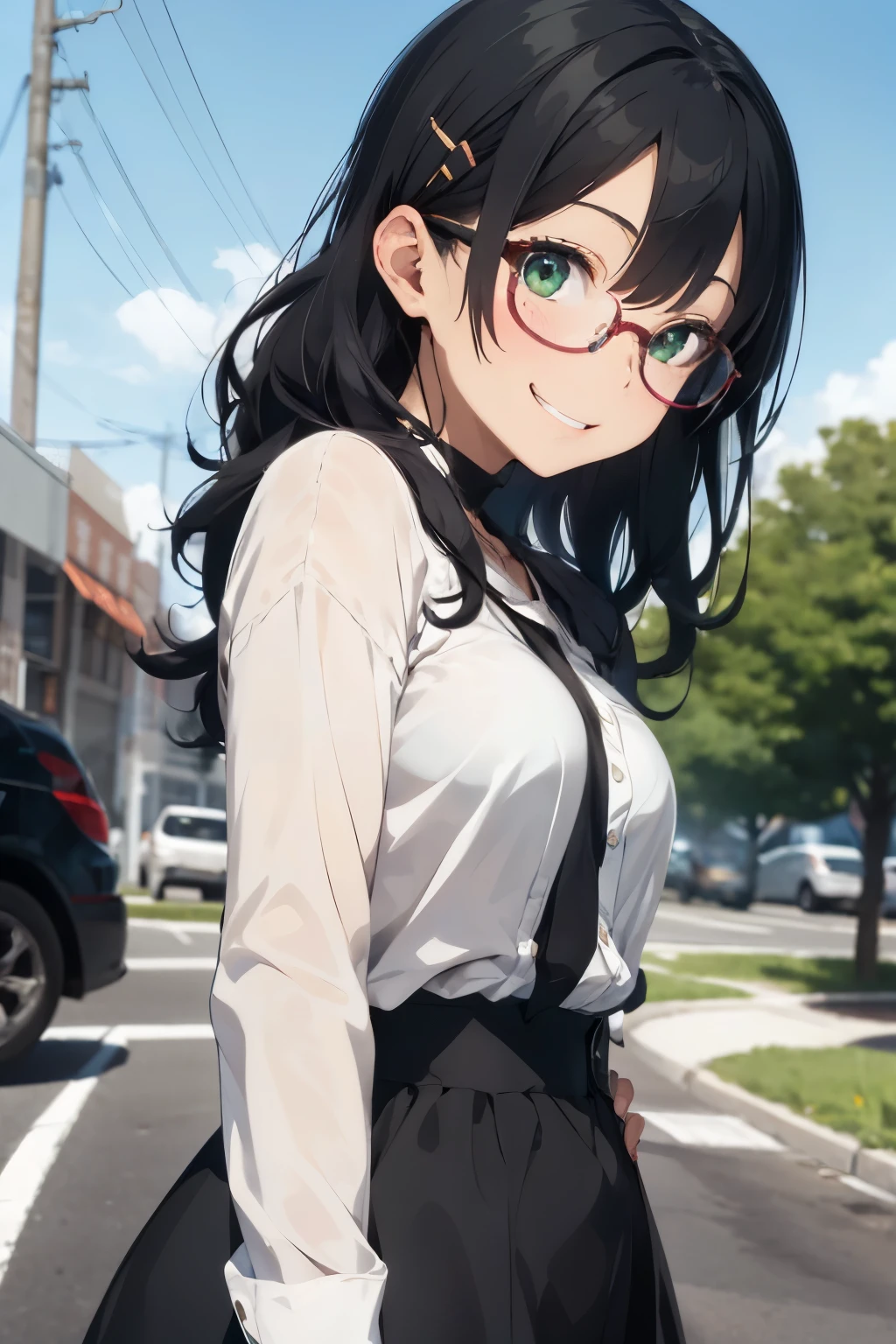 [AiPonyAnime:100], 
pov, (face focus:1.0), 1woman, 
medium breasts, (black hair, medium hair, wavy hair), green eyes, 
(race queen), hairclip, circle glasses, 
smile, blush, grin, 
(parking lot),