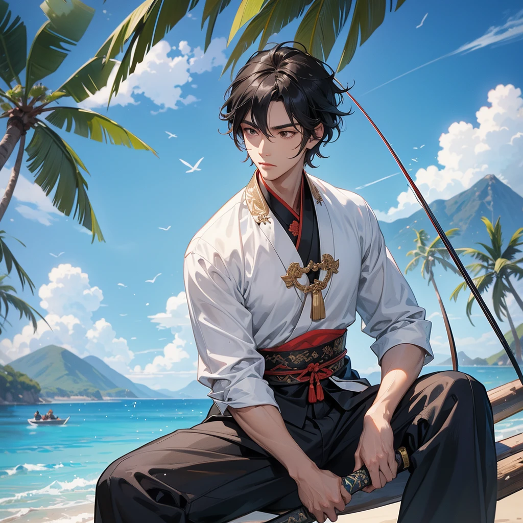A Handsome black-hair male holding a large sword in an ancient chinese costume, close up.
Sitting fishing By the blue sea Under the coconut tree Behind there are mountains, with low, lazily floating clouds.
