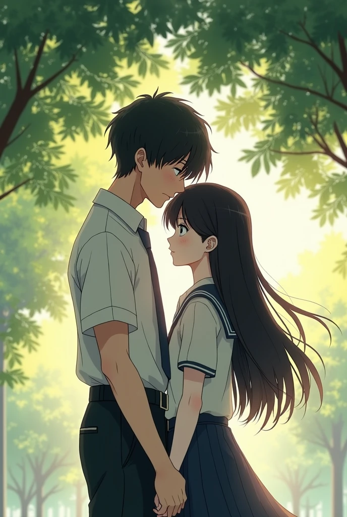 anime style.scene high quality in the school under a tree.A high school couple.A boy which taller than the girl. The boy is touch the girl head.the girl feel ashamed and introvert and yield her head.the girl is long black hair and the boy is textured bowl cut. Drawing ligh more visible and details。they wear school uniform(malaysia style) their skin whitening 