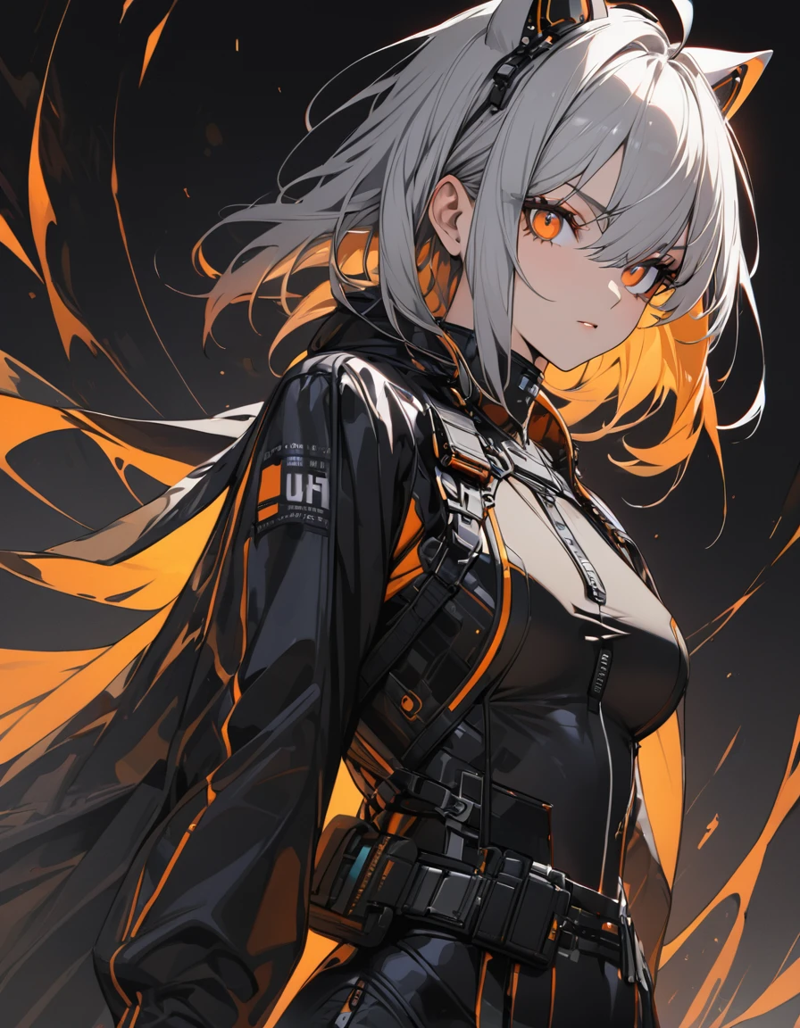 (masterpiece)、(absurdres)、(ultra detailed)、(8k),(solo lady),(silver cat ears:1.1),(silver hair),(shortcut hair:1.1),(messy hair:0.7),(Ahoge:0.9),(middle breast:0.9),BREAK,(orange eyes),(Downturned eyes)BREAK,black cyberpunk,orange Smoke:1.5,Serious,potrait shot:1.2,simple darkness background,in the darkness:1.2
