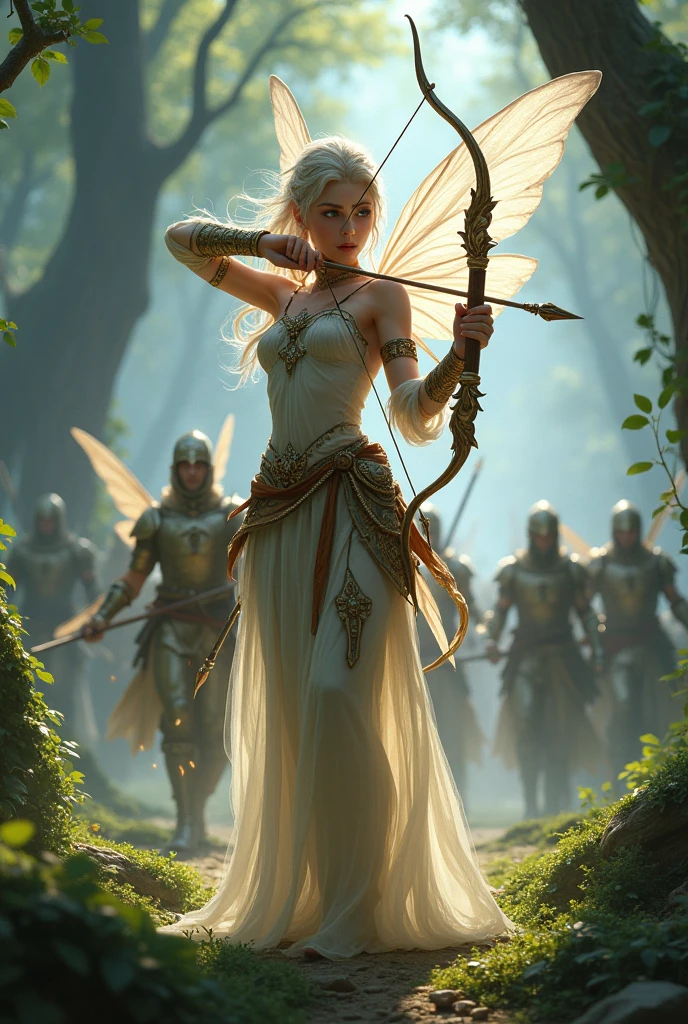 a fair-skinned female fairy leads her army at war in a magical land full of monsters using a bow and arrow. Without wingsProfessional. 3D. ,ultra realistic, Very detailed, digital art. Game art
