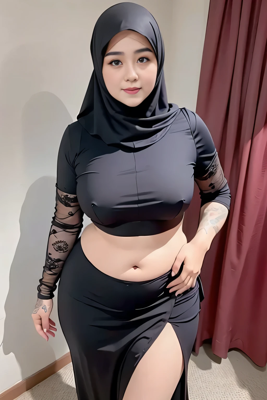 there is a old woman posing in a dark room with a maroon burka clothes , 60 years old, thick body, beautiful thick female, wide hips, thick legs, she has a jiggly fat round belly, thick thighs, curvy hourglass figure, thicc, curvy model, widest hips, hyperrealistic full figure, bbwchan, voluptuous body, thick, tattooed body, tattooed hands, tattooed arm, tattooed in belly, Burka girl, muslim clothes, 60 years old woman.